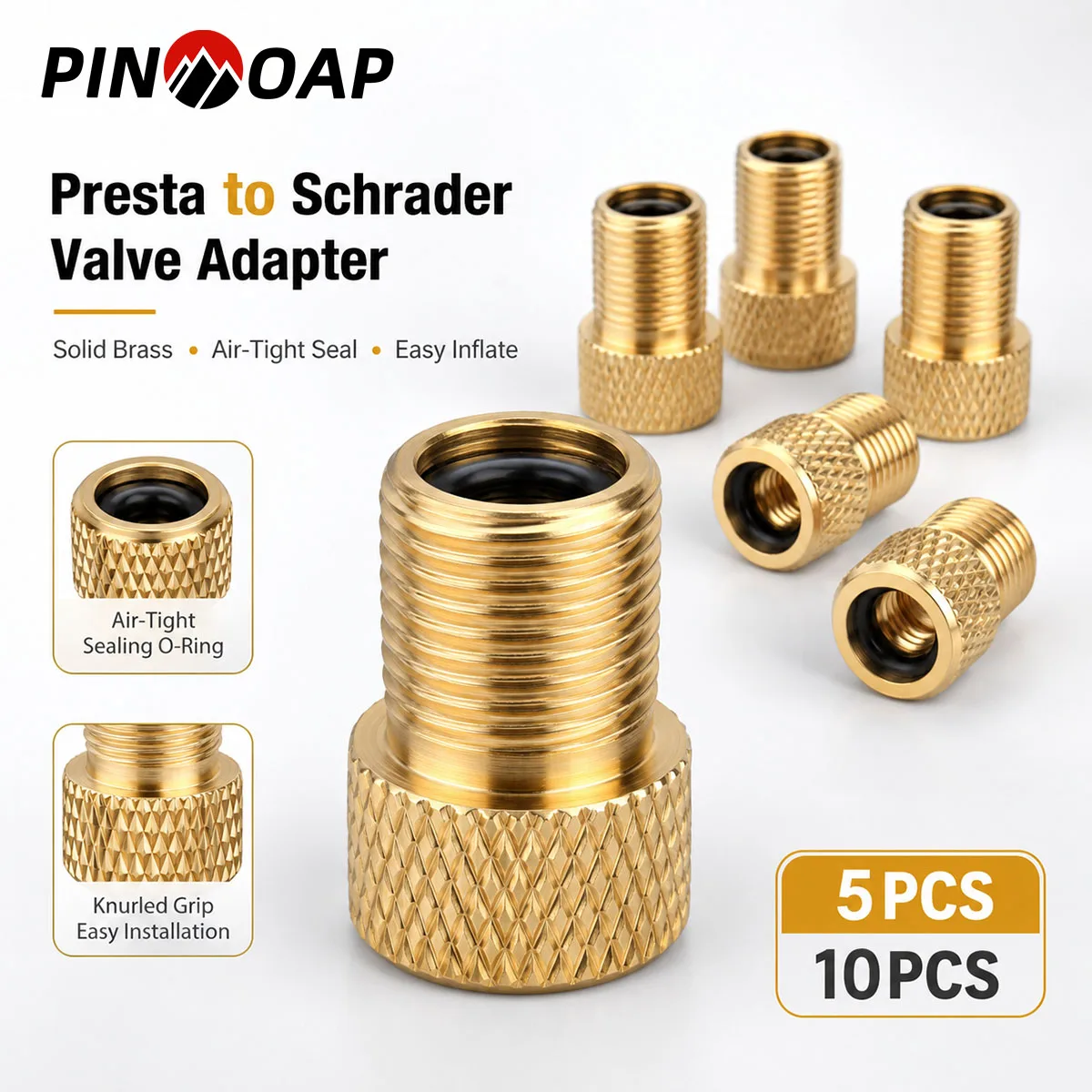 PINMOAP 5/10PCS Bike Valve Adapter Presta To Schrader Converter Brass Bicycle Tire Pump Adapter Fit Road Bike Cycling Repair Kit