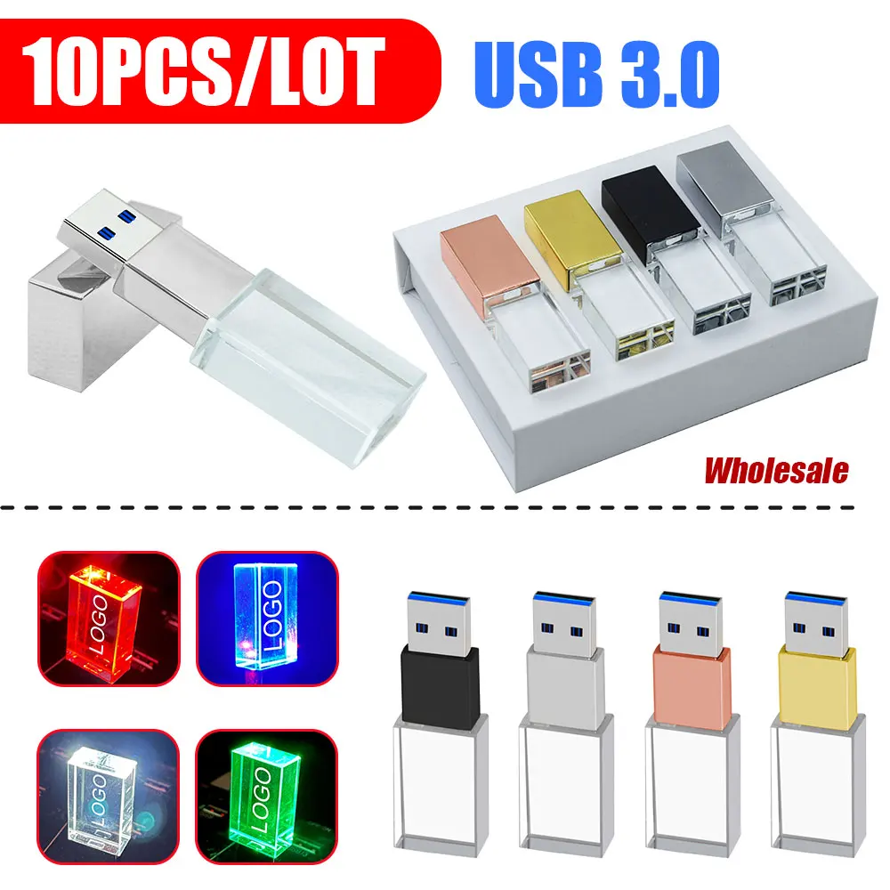 10 PCS LOT Crystal USB 3.0 Flash Drives Wedding Gift Pen Drive Free Custom Logo Rose gold Memory Stick 128GB 32GB 64GB