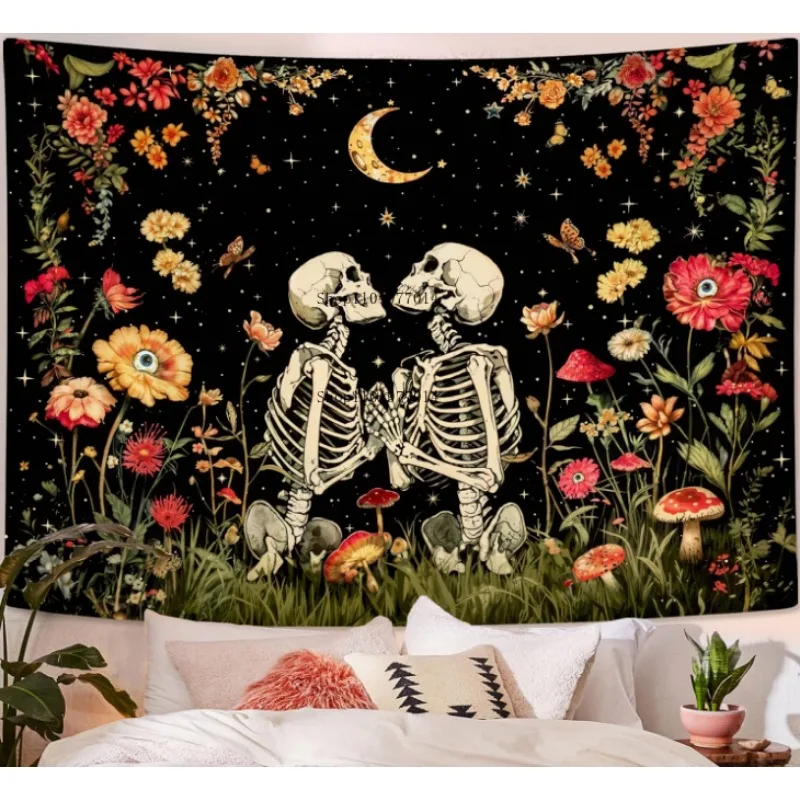 

Цветочный череп, пара гобелен, эстетический череп, готический гобелен для спальни, пара, спальня, гостиная, настенный череп