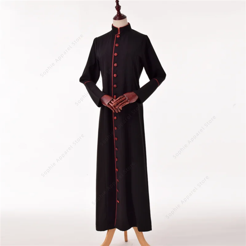 Men's Clergy Cassock Robe | Black Priest Vestment with Red Trim & Buttons | Catholic Christian Attire