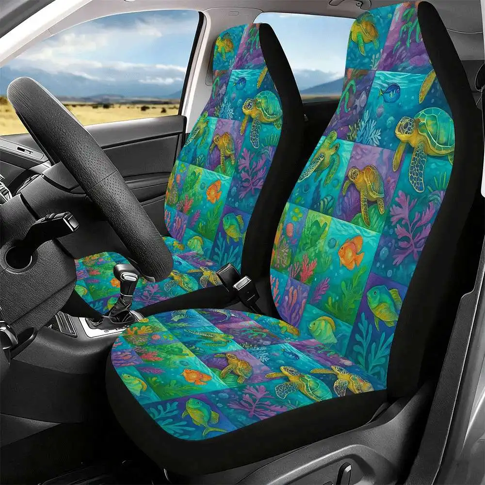2pcs Sea Turtle Coral Reef Ocean Theme Car Seat Covers - High Back Design, Polyester Material, Suitable For Front Seats, Cars, S