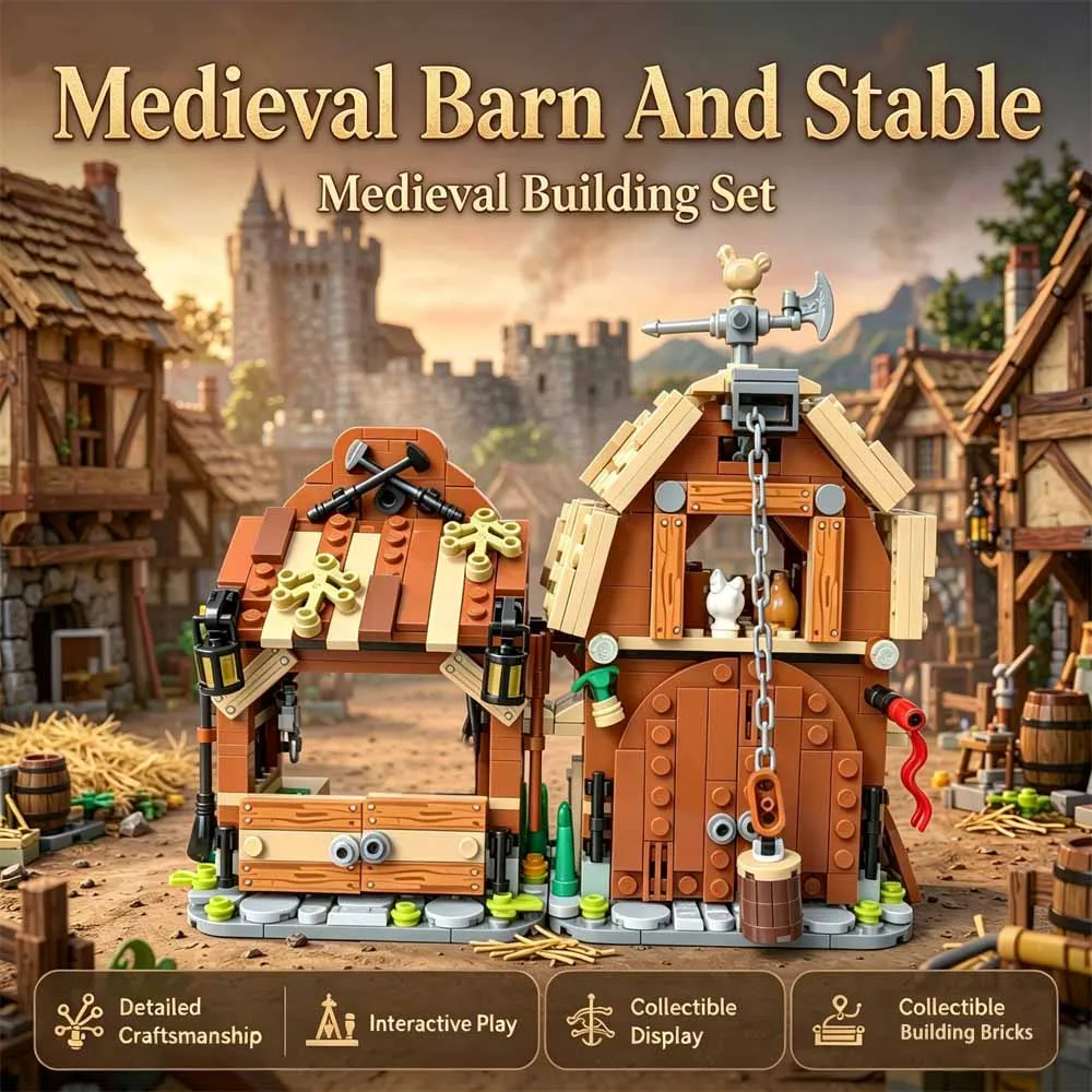 594PCS MOC Medieval Barn And Stable Building Blocks Medieval Village Stable House Model Kit DIY Assemble Toy For Adult Gift