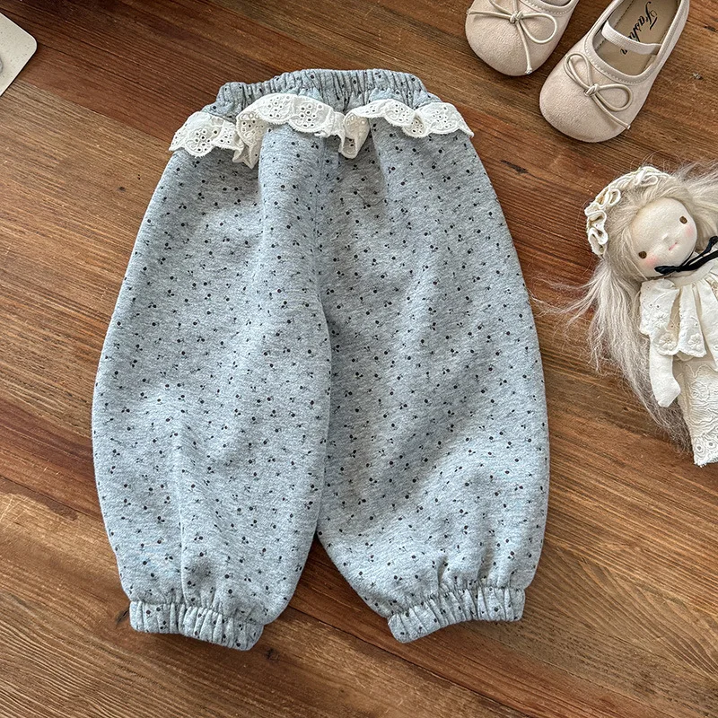 Girl Kids Pants 2026 Autumn New Girl Baby Lace Trim Floral Print Tapered Pants Kids Loose Pure Cotton