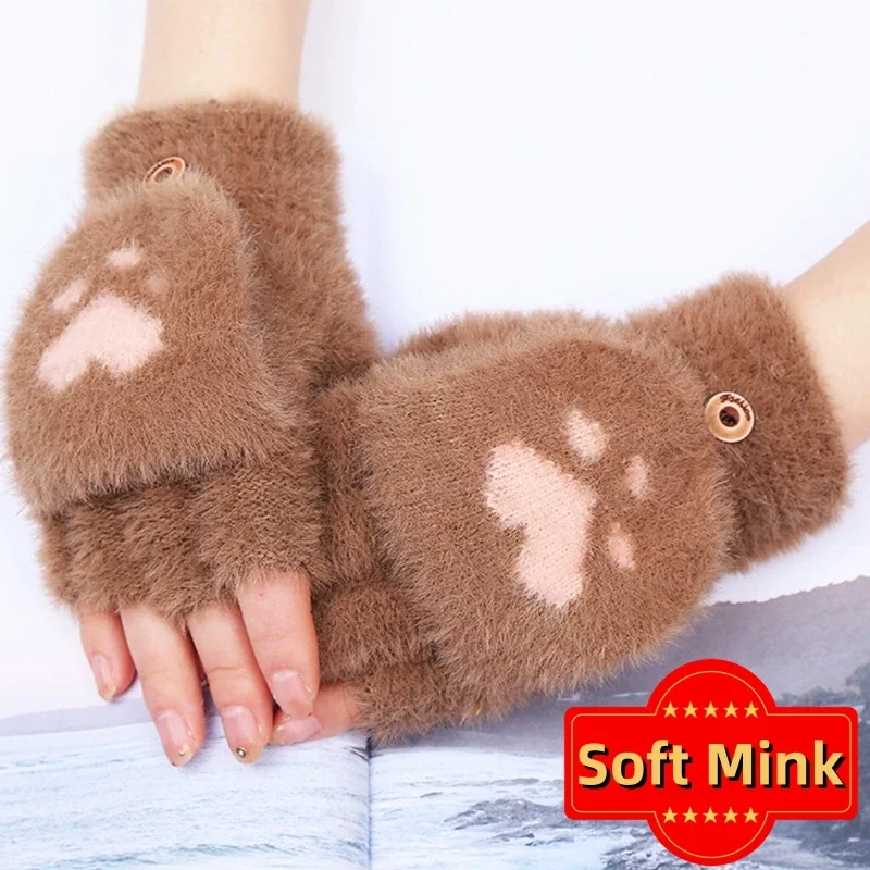 Zachte Nertshandschoenen Kattenklauw Vingerloze Flip Wanten Winter Warm Wollen Touchscreen Handschoenen Flap Cover Dames Heren Gebreide Wanten Handschoenen