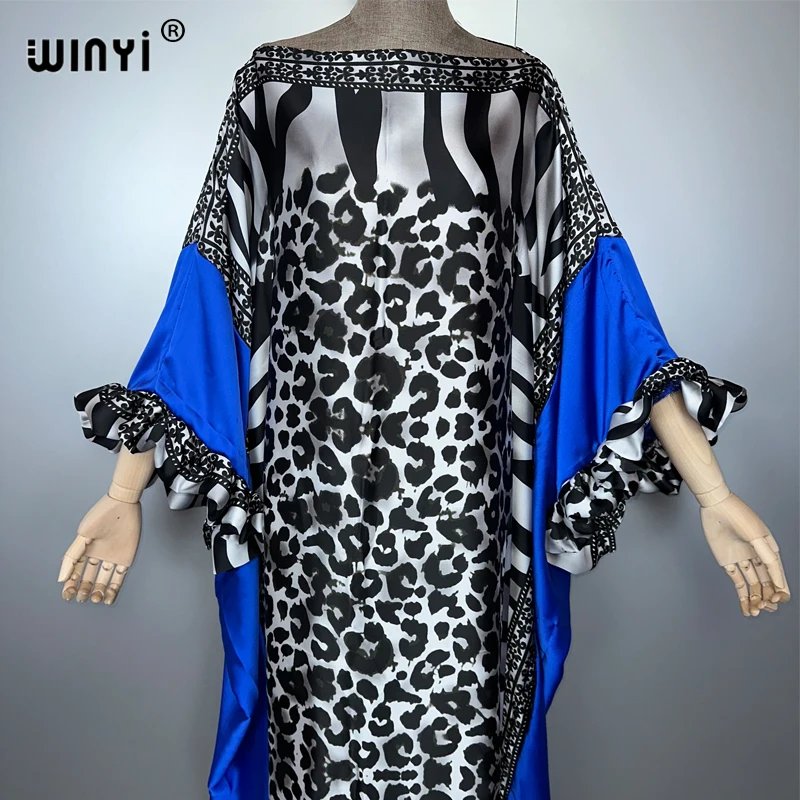 WINYI summer Leopard print evening dress abaya dubai luxury  Female loose holiday kaftan muslim woman clothing beach dress