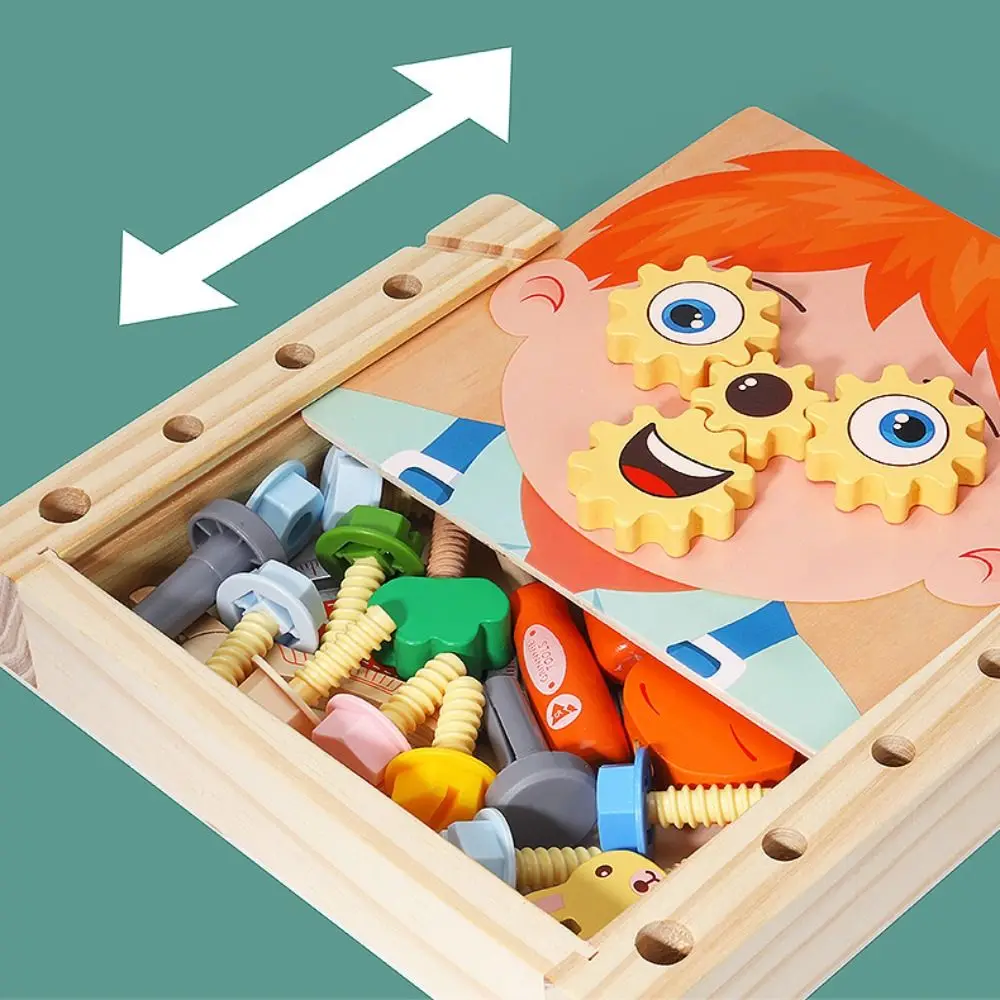 Caja de herramientas de madera para niños, caja de herramientas de juguete Montessori, juego de desmontaje de rompecabezas, herramienta de reparación de simulación de tornillo de tuerca DIY