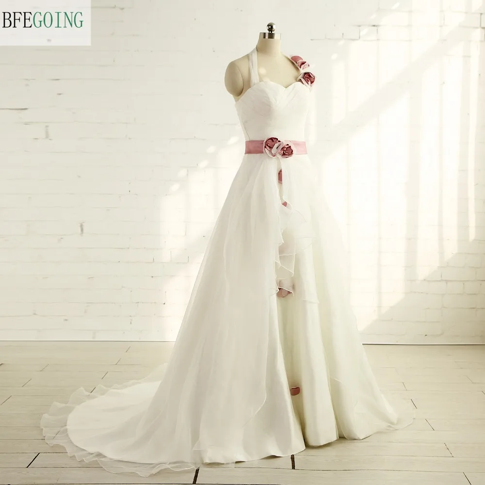 Ivory Organza Sweetheart Halter A-Line Wedding Dresses Chapel Train Custom Made Floor-Length Bridal Gowns