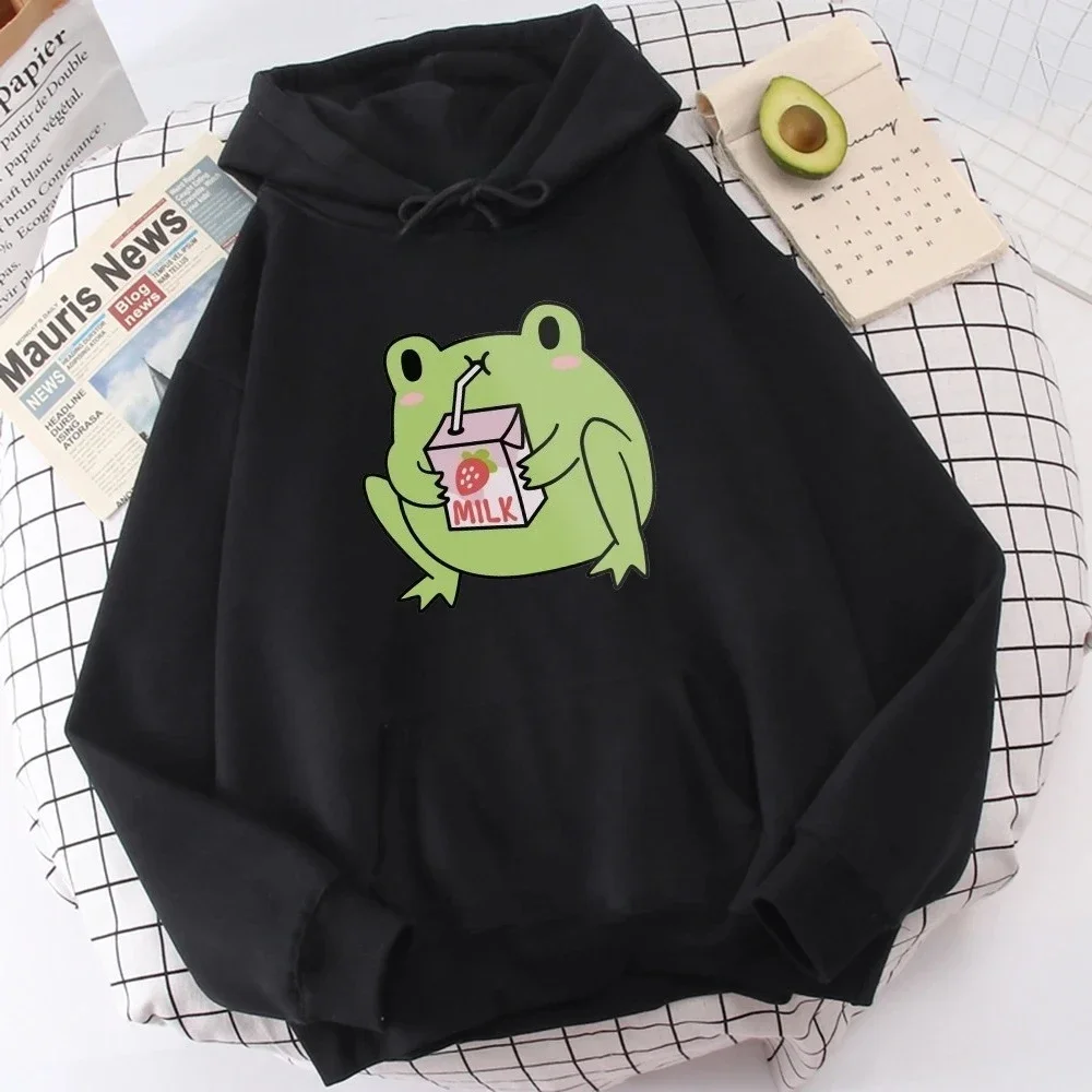 Cute Strawberry Milk Frog Print Female Sweatshirt Fashion Hooded Casual Hoodies Autumn Fleece Soft Casual Streetwear Clothing