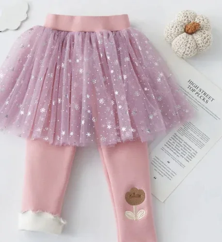 Children Clothing 2023 Girl Winter Plush and Thickened Skirt Pants Mesh Skirt Hem Fake Two-piece Leggings Children Fashion Pants