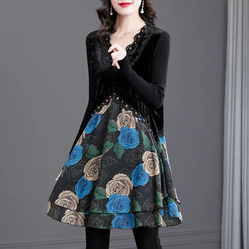 Vintage Printed Spliced Beading Fake Two Pieces Mini Dress Women\'s Clothing 2023 Autumn Winter Loose Office Lady Ladies Dresses