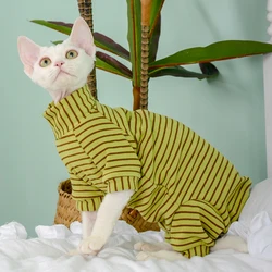 Sphynx Cat Clothes Soft Green Striped 4-legged Jumsuit For Kittnes Dogs OverSize Coat for Kittens in Spring Loungewear for Devon
