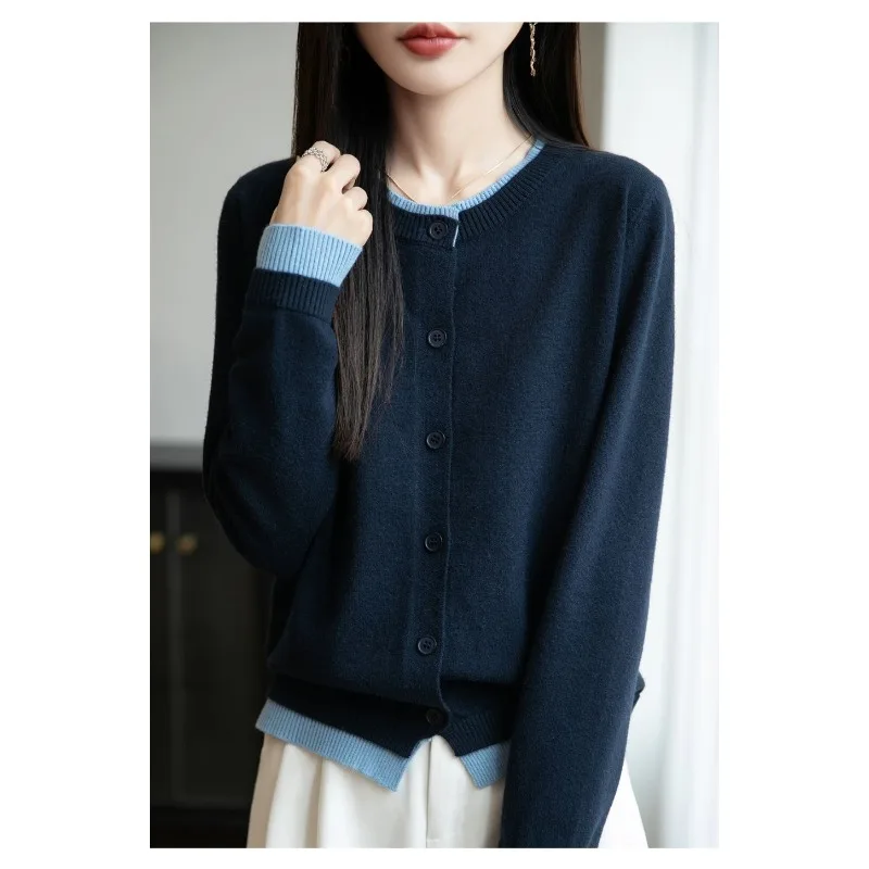 フレンチコントラストフェイクツーピースニットカーディガンレディースショートコートセーターファッショントップ