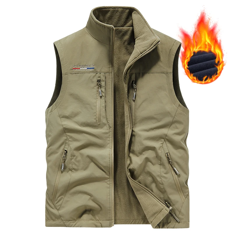 Plus Size Men Reversible Warm Fleece Lined Vest Stand‑Collar Full‑Zip Sleeveless Gilet Multi Zipper Pockets Windproof Outdoor Ca