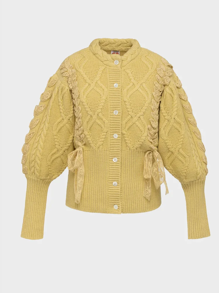 

Модный желтый кружевной кардиган, женский повседневный однобортный однобортный вязаный свитер с круглым вырезом и длинными рукавами, женский уличный трикотаж