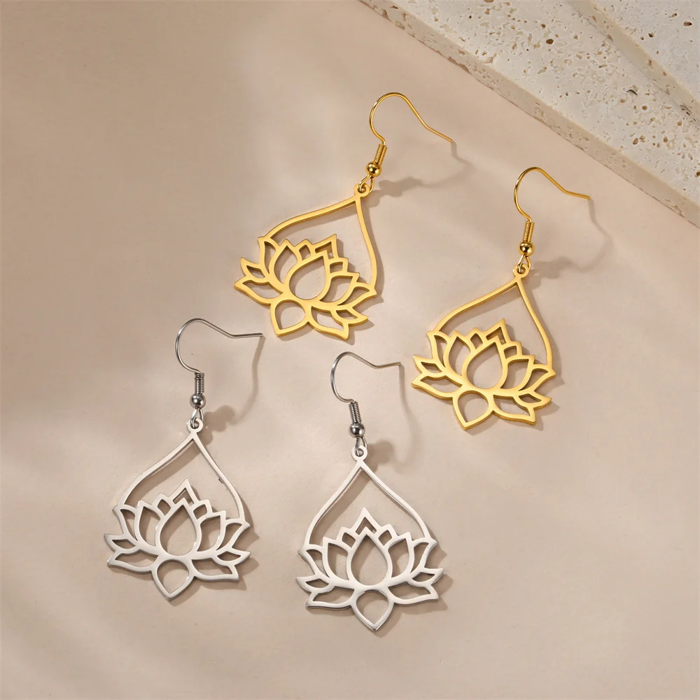 My Shape Hollow Lotus Drop Earrings for Women Stainless Steel Flower Dangle Earring Yoga Buddhism Jewelry Gifts Amulet Wholesale