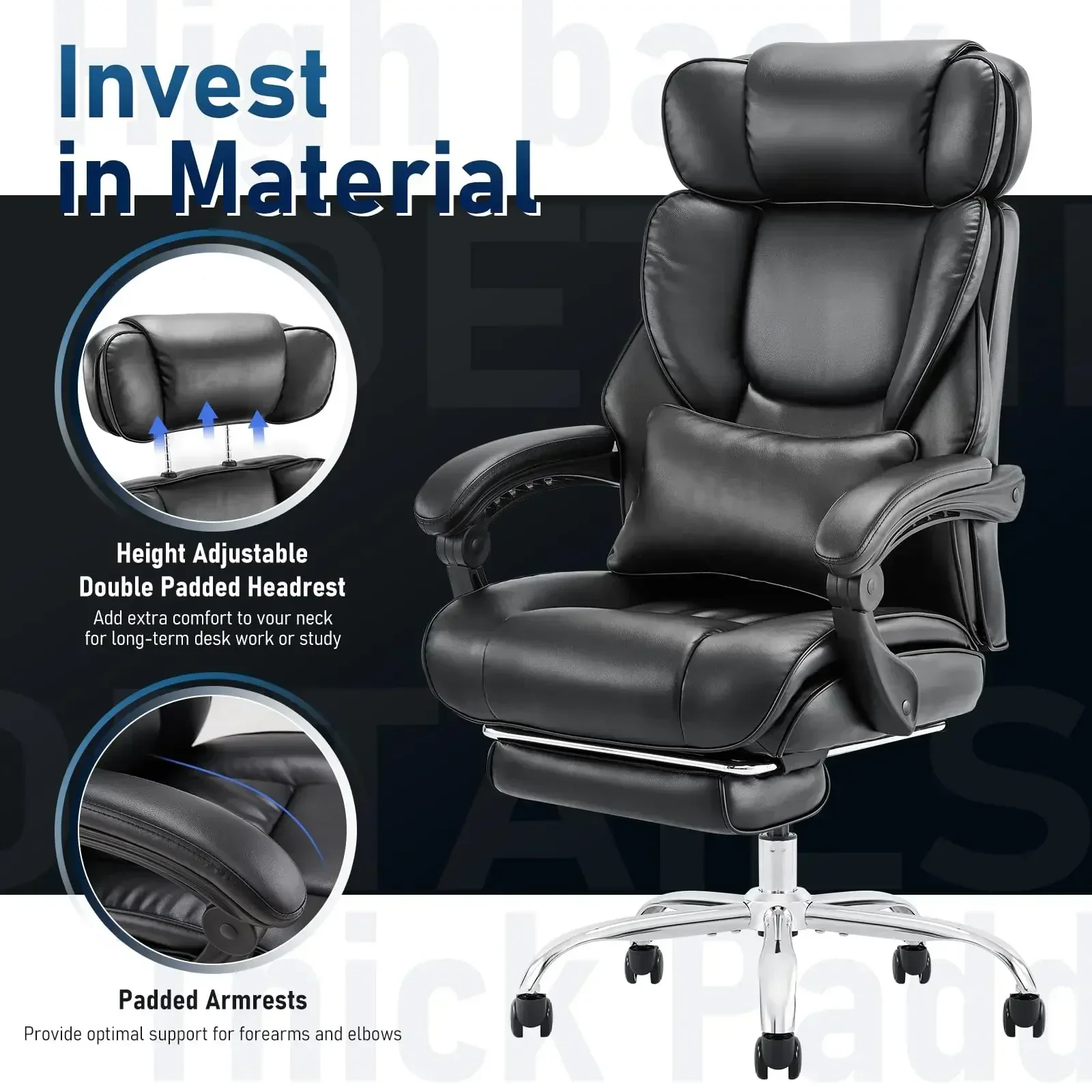 Office Chair with Footrest-Ergonomic Computer Chair with Extra Lumbar Support Pillow, High Back Executive Desk Chair Thick Bonde