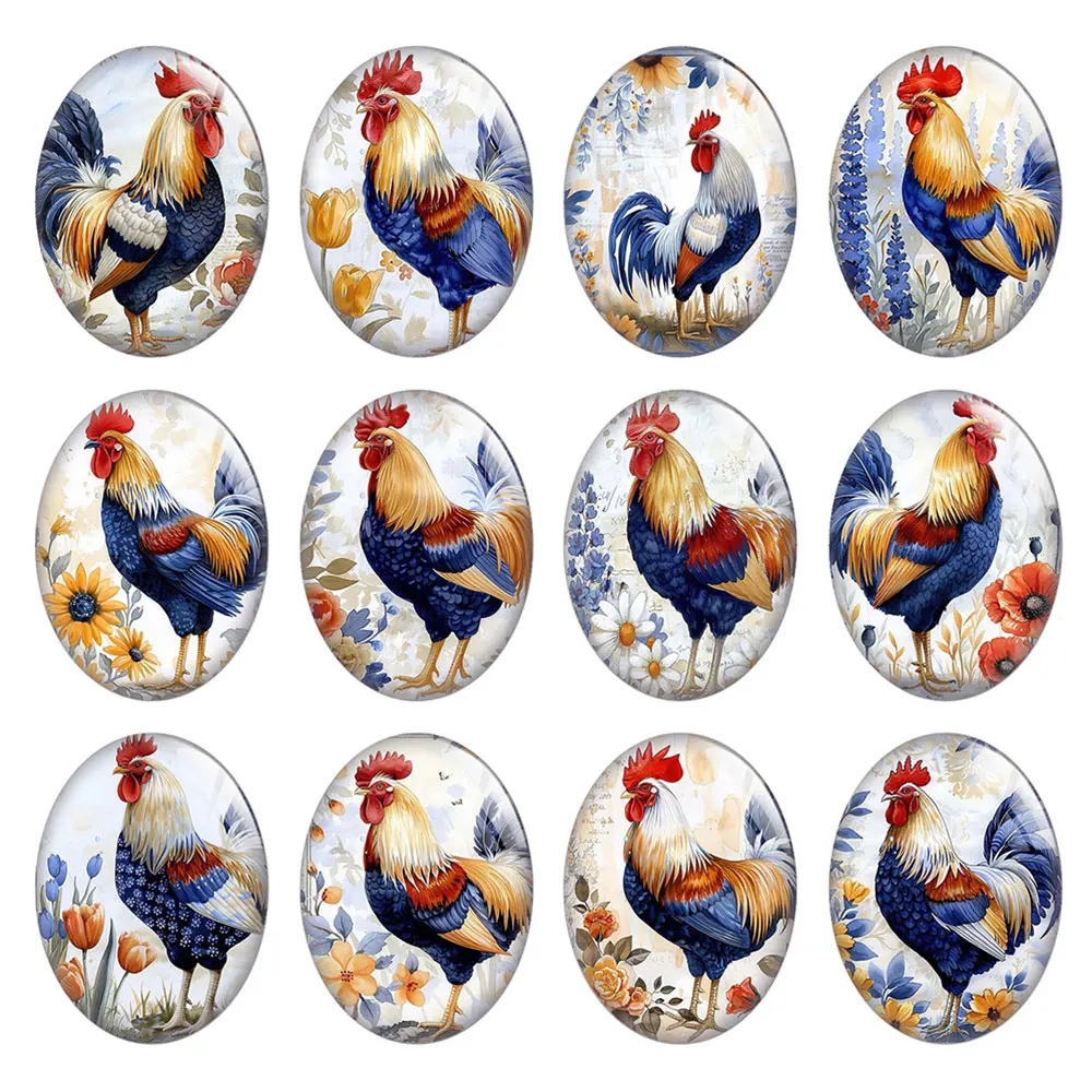 Random Mixed Round/Oval/Square Blue Farm Rooster Floral Country Photo Glass Cabochon Flatback Demo Cameo For Diy Jewelry Making