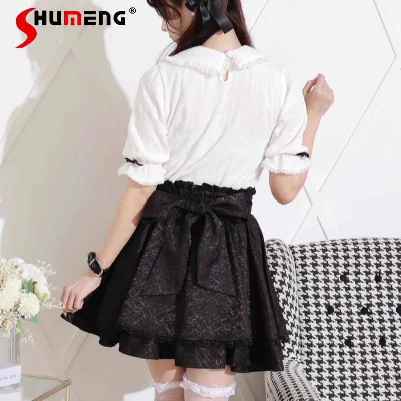 Japanese Rojita Comfortable Mine Girl Dark Pattern Back Big Bow Lantern Short Mini Skirt Y2k Clothes Black High-waisted Skirts