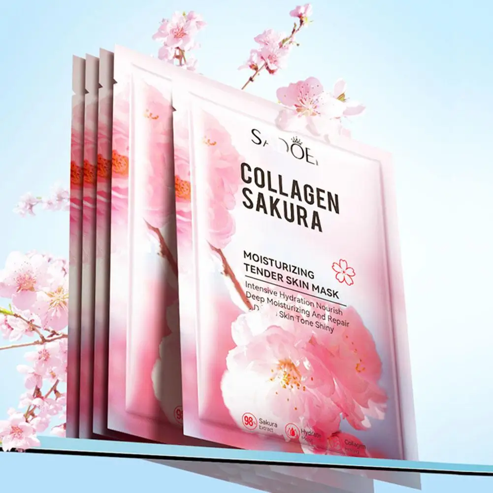 5Pcs Collagen Sakura Face Mask Facial Skincare Moisturizing Brightening Hydrating Firming Facial Masks Face Sheet Mask