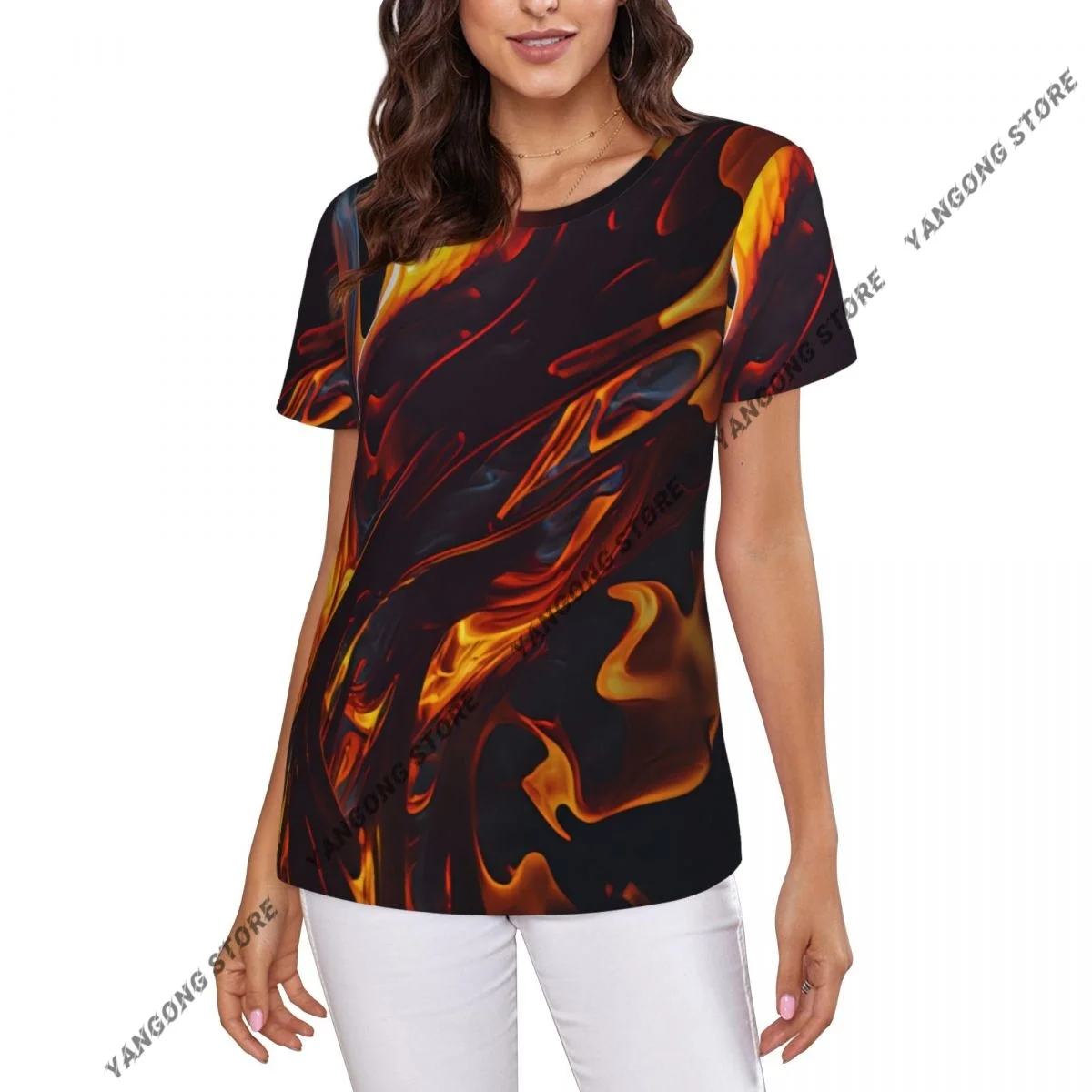 Women Short Sleeve Top Fire Texture Flames T-shirt Fashion Summer Female Tops Loose Round Neck T Shirt