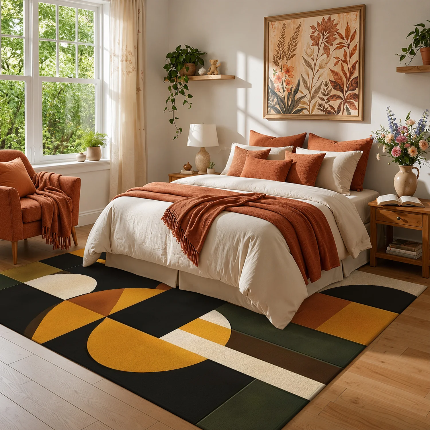 Large Indoor Area Rug, Soft Velvet Low Pile Rug with Non-Slip Dotted Backing, Machine Washable Mid-Century Modern Geometric Pattern in Warm Mustard Olive Burnt Orange Tones for Living Room Bedroom Decor