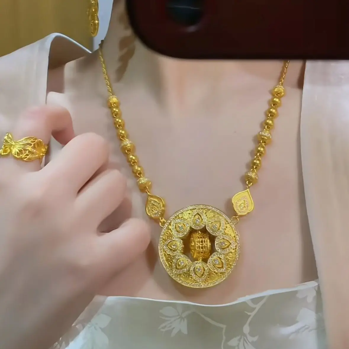 9999 24K real gold compass necklace high-end light luxury transportation bead clavicle chain women sweater chain accessories