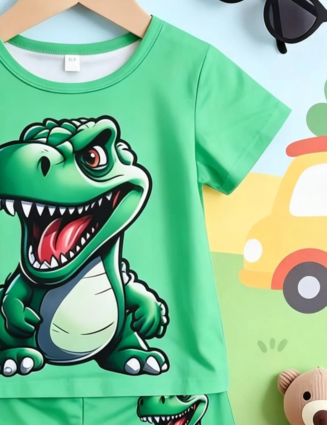 Kurzarm-Shorts mit Dinosaurier-Aufdruck für Jungen, 2-teiliges Set, sommerliches Outfit im verspielten Stil – Detail 4