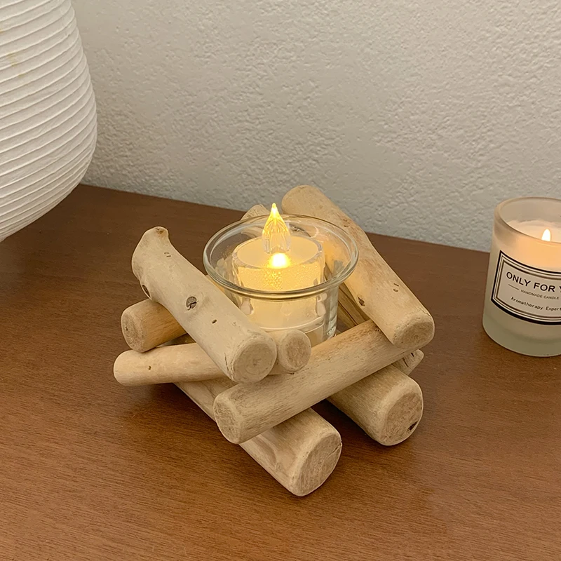 Minimalistischer Kerzenhalter aus natürlichem Holz, Treibholz, rustikales Glas, kreative Verzierung, Fotografie-Requisite, Heim-Desktop-Dekoration aus Holz