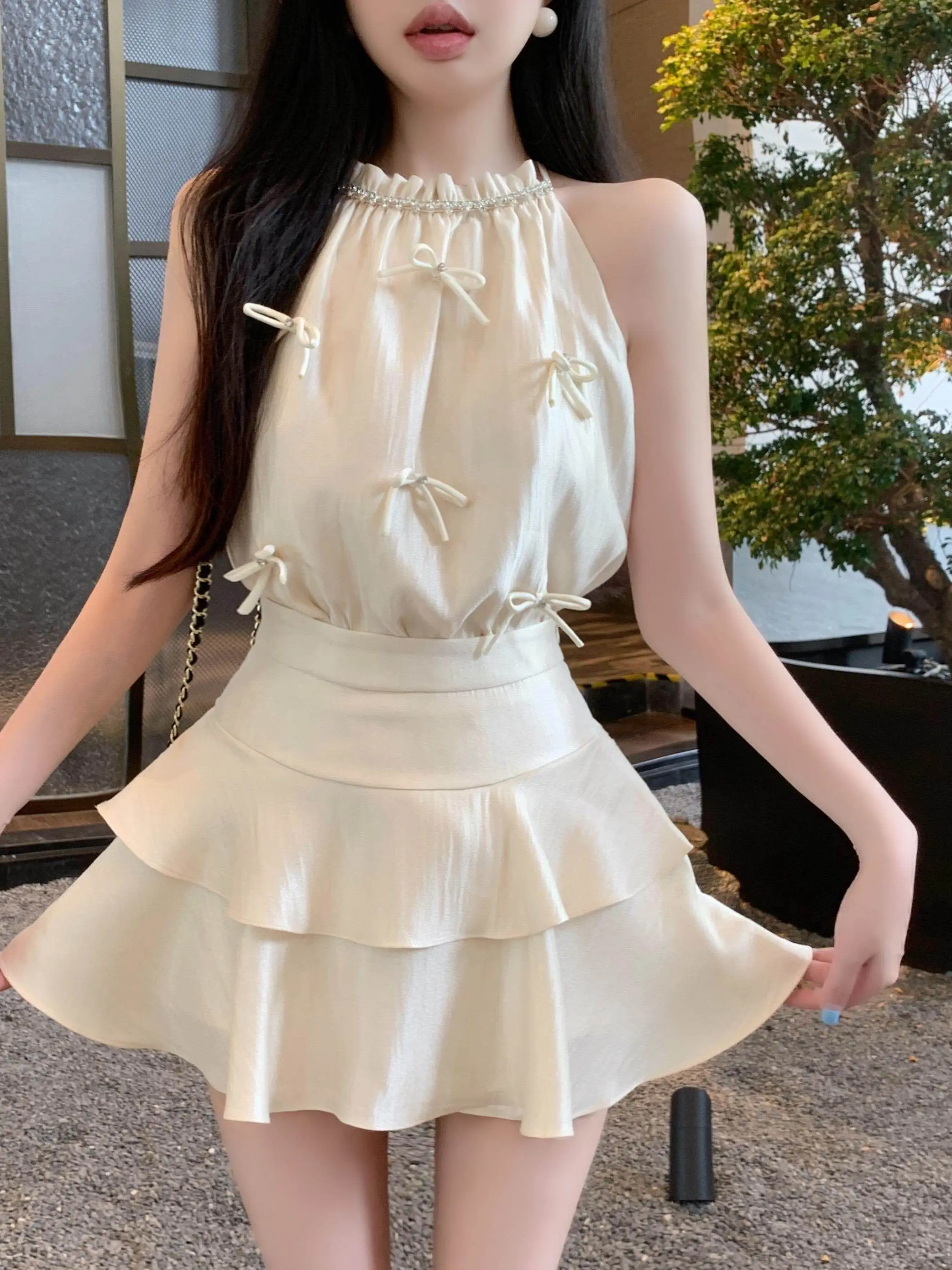 

Summer Knot Neckline Set Women's Fashionable Short Sleeve round Neck Crop Top And High Waist Cake Skirt Two-Piece Suit