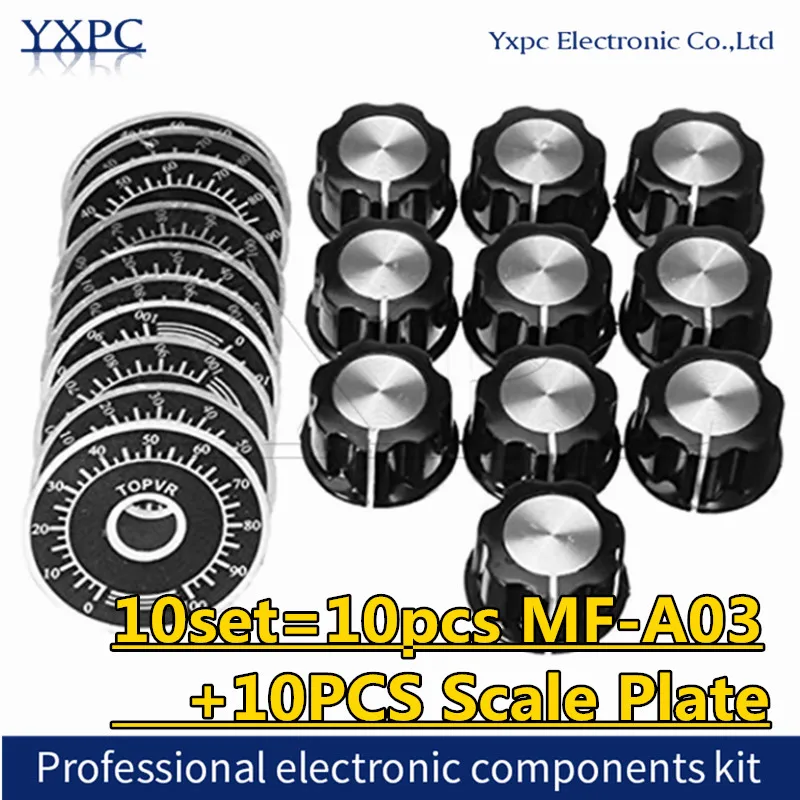 10 Set 6mm MF-A03 Potentiometer Knob Kit with Dial Knob And Bakelite Knob with Scale Plate Digital Sheet Scale for Electronics
