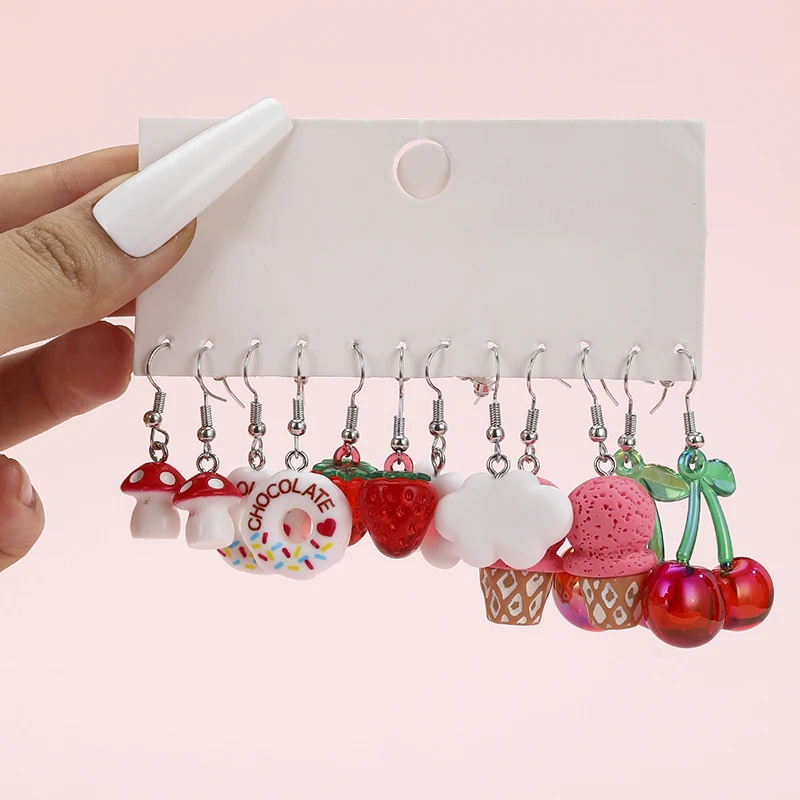 New Fashion Simulation Food Doughnut Ice Cream Candy Strawberry Cherry Resin Earrings Set