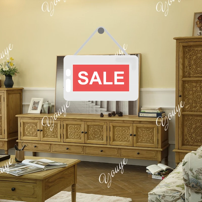 

Длинный напольный шкаф для хранения вещей, скандинавский ретро-пасторальный резной шкаф для телевизора из массива дерева, комбинированный дубовый шкаф для гостиной