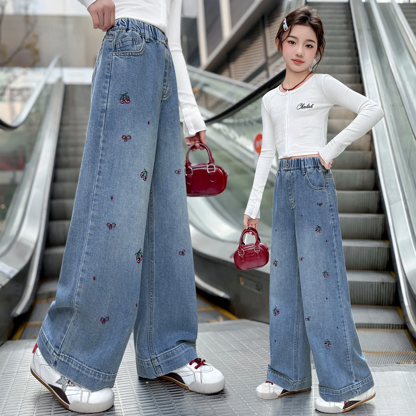 

2026 Spring Summer Girls Middle School Fashion Kids Cherry Embroidered Denim Jeans Casual Pants Wide Leg Pants 4-14 Years Old