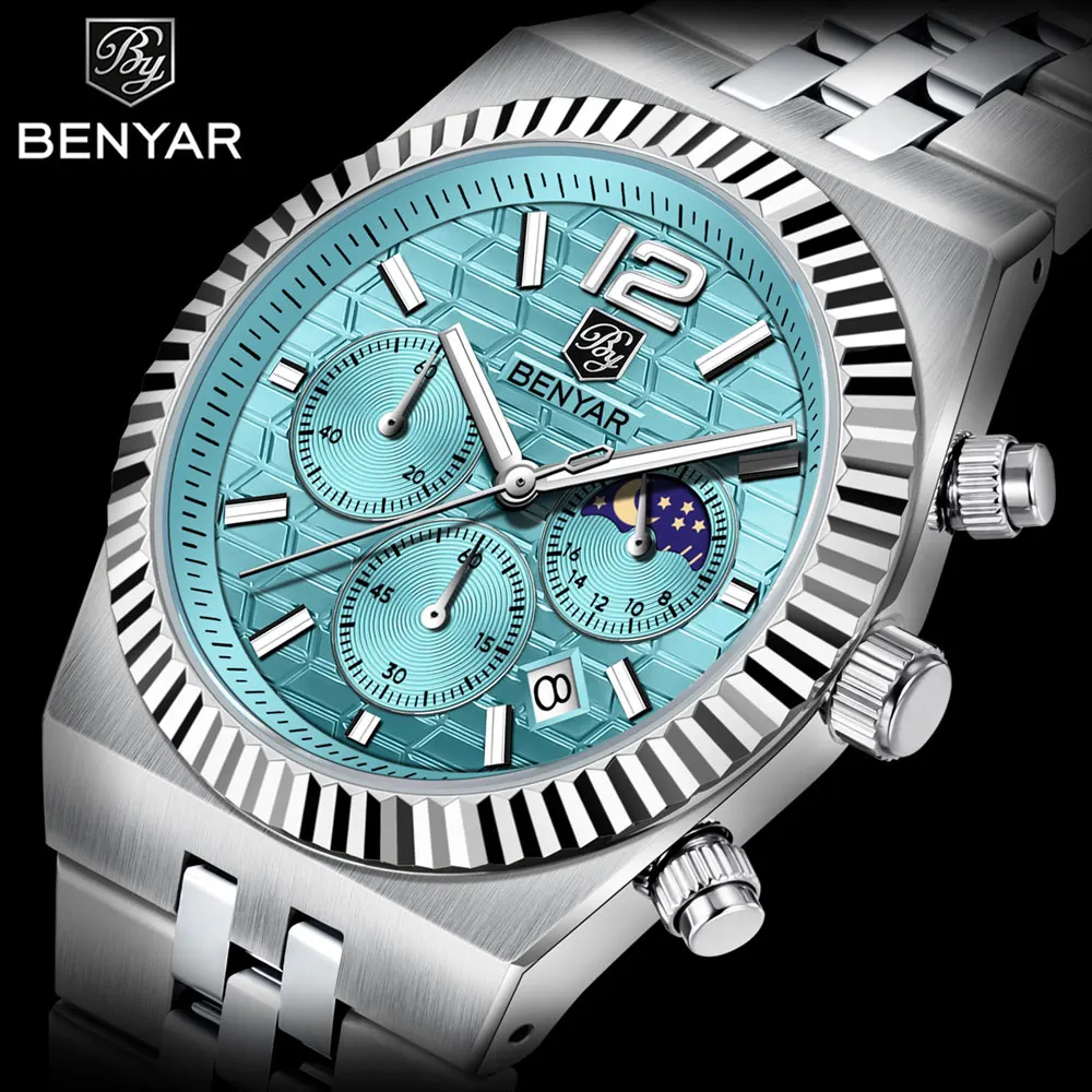 

Мужские часы BENYAR 5225 класса люкс, из нержавеющей стали, водонепроницаемые, простые кварцевые, деловые наручные часы с фазами луны, подарок для мужчин