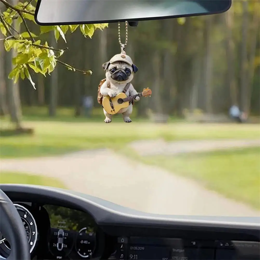 Cartoon Pug Pendant Acrylic Pug Puppy Hanging Ornament for Christmas Tree Car Rearview Mirror Guitar Dog Cartoon for Home