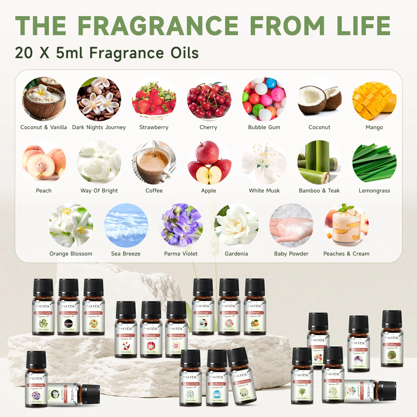 PHATOIL 20pcs Aromatherapy Fragrance Oils Set-5ml Coconut & Vanilla Bamboo & Teak Lemongrass Bubble Gum Strawberry Cherry Mango