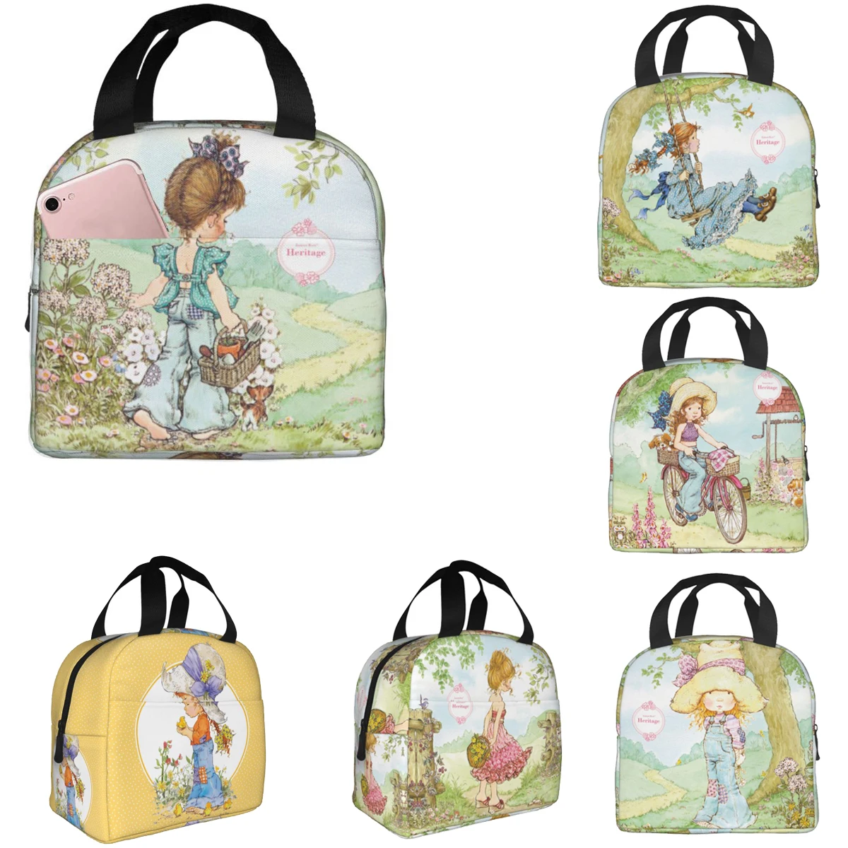 

Cute Sarah Kay Girl Bike Ride Lunch Boxes Accessories Cartoon Village Life Thermal Cold Food Picnic Travel Lunch Bag Insulated