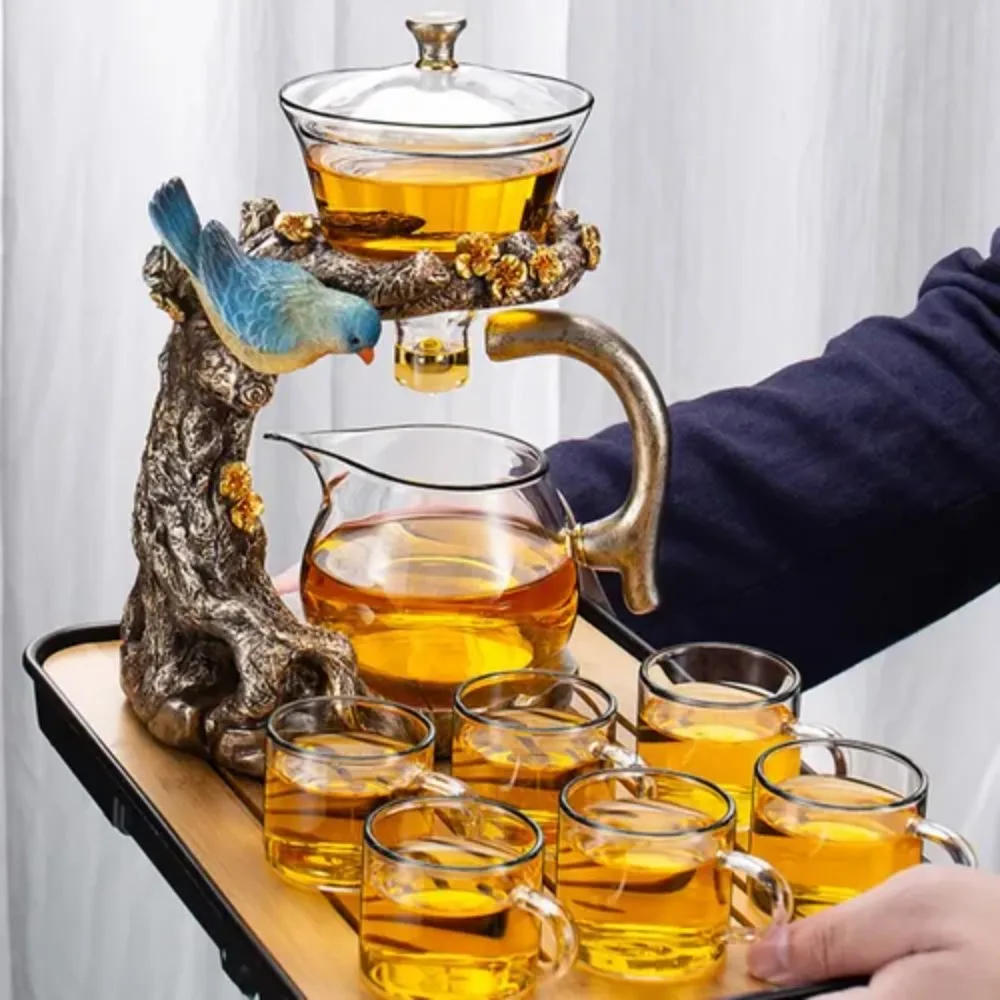 Glass Kungfu Teapot Set Tea maker with Infuser Semi Automatic Drip Rotating Bowl Tea Pot Set Animal Bird Design for Home Office