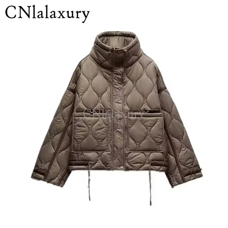 CNlalaxury 2023 New Women Autumn Winter Loose Stand Collar Jacket Solid Color Minimalist Outwear Short Drawstring Coat Tops Chic