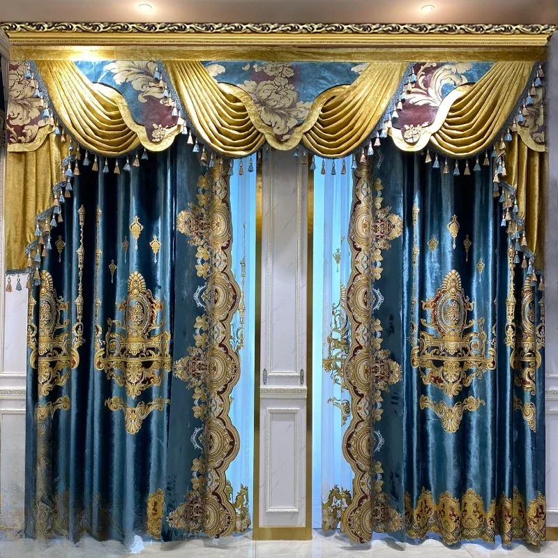 

Customized Luxury High-end European Style Palace Living Room Bedroom Blue French Ice Velvet Shading Window Grand Villa Curtains