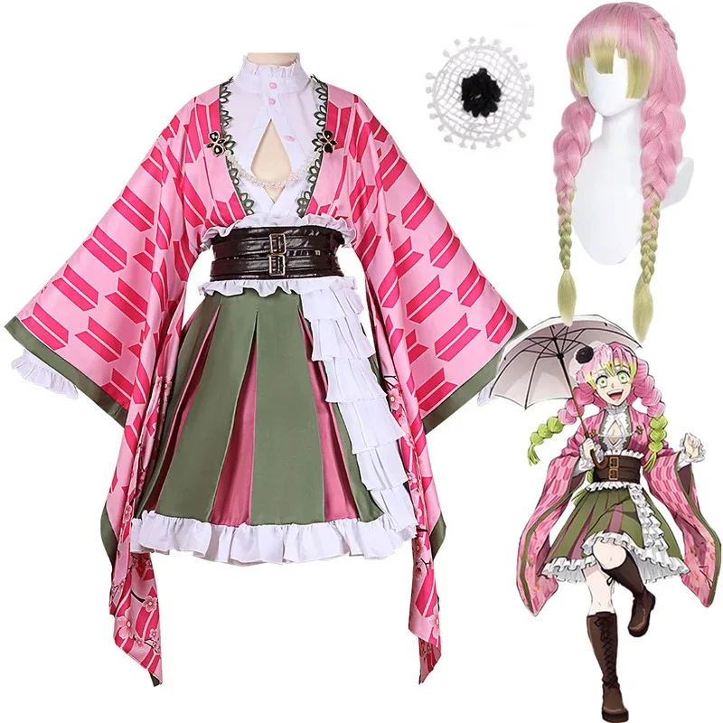 Anime Demon Slayer Mitsuri Kanroji Cosplay disfraz peluca 5 aniversario kimono disfraces de Halloween para mujeres hombres; 3'v,6.h;8'