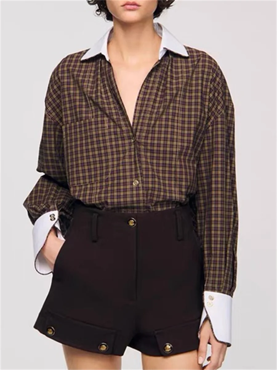 خمر منقوشة النساء الربط بدوره إلى أسفل طوق قميص بلايز غير النظامية هملين بلوزة عصرية فضفاضة للإناث 2025 الخريف