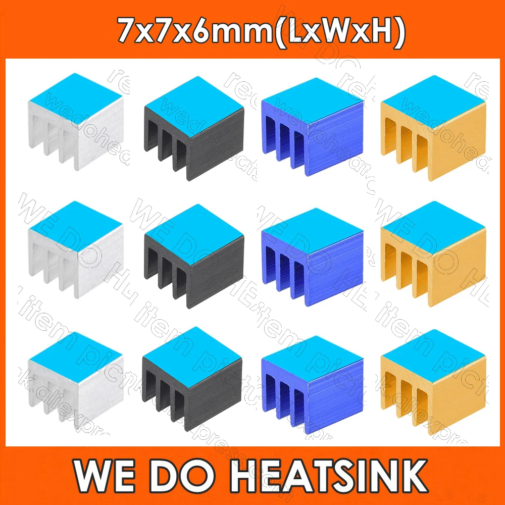 Wholesale 7x7x6mm Silver / Black / Blue / Gold Extruded Aluminum Heatsink IC Radiator With Thermally Conductive Adhesive Tape