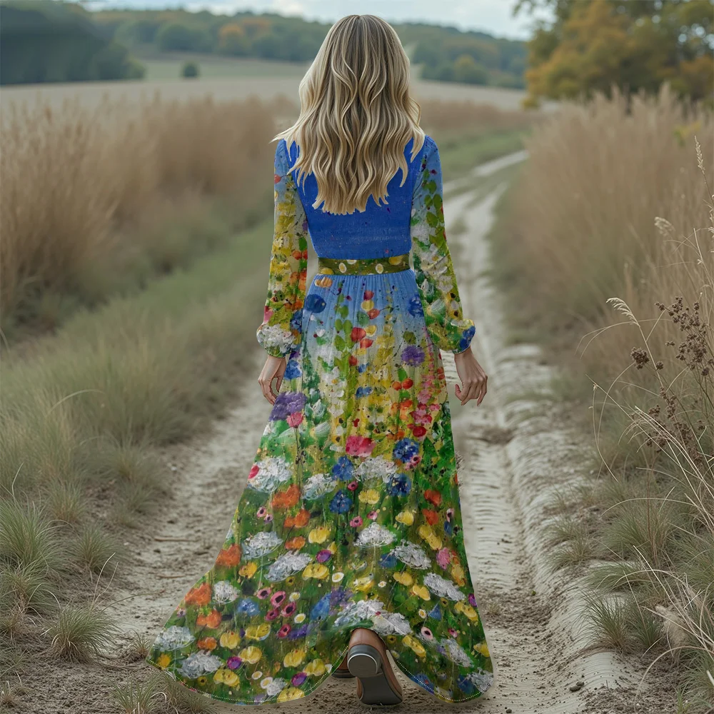 فستان بوهو شيك عميق على شكل حرف v مطبوع عليه زهور فستان ماكسي بأكمام طويلة وحاشية مكشكشة لقضاء العطلات فستان طويل مثير للخريف والشتاء #2