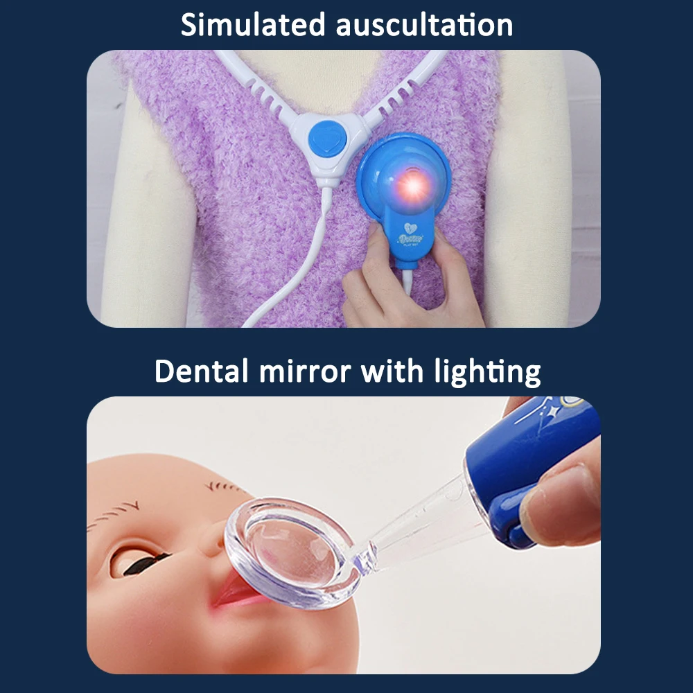 유아용 의사 키트 어린이 의사 놀이 세트 15개 구성품 포함: 테이퍼 파일, 치실 클리너, 칫솔, 청진기, 치아, 알약