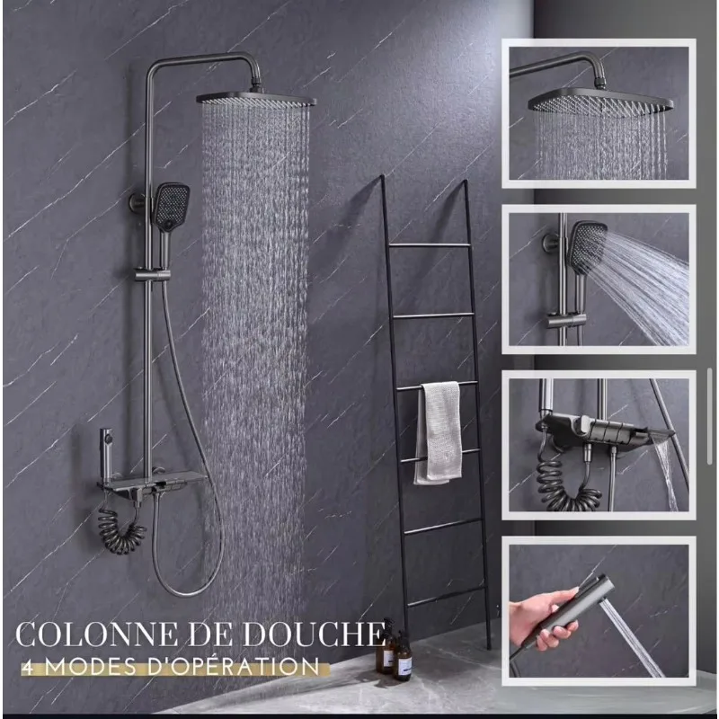 Cabezal de ducha, bañera, Piano de cobre negro y gris, juego de ducha Digital, 4 funciones, sistema mezclador de ducha termostático de agua de lluvia