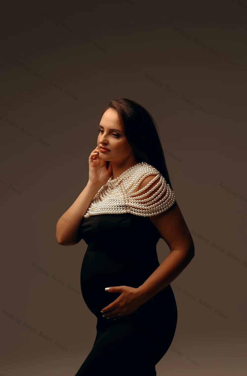 

Luxury White Pearls Woman Pregnant Prom Dress Sexy Mermaid Short Sleeves Maternity Robes Evening Gown Sleepwear Customized