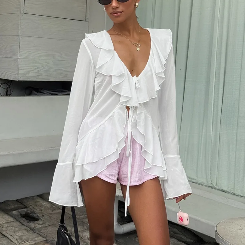 2025 New Women's Lace-up Shirt Fashion V-Neck Ruffle Long Sleeve Top White Casual Office Lady Loose Cardigan Summer Female Shirt
