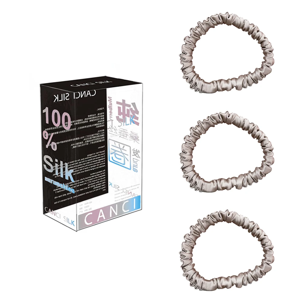 3PCS Box 100% Natural Silk Solid Color Hair Ties High Quality Skinny Scrunchies No Damage Handmade Hairbands Hair Accessories