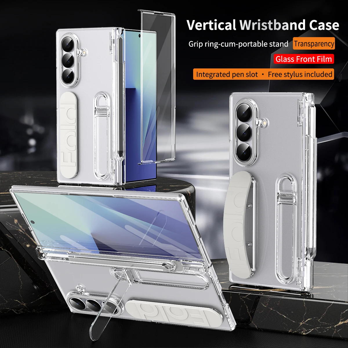 

Grip Ring Stand Transparent Glass Film Integrated Pen Slot with Stylus Shockproof Case for Samsung Z Fold 7 6 5 4 3
